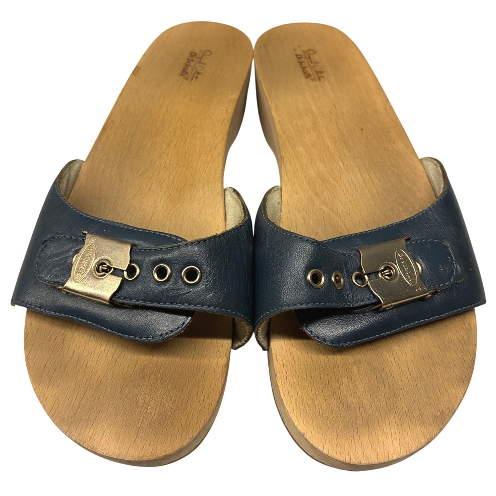 Dr Scholls Original Wood Slide Sandals Womens 7 Navy Beige Leather Buckle Retro